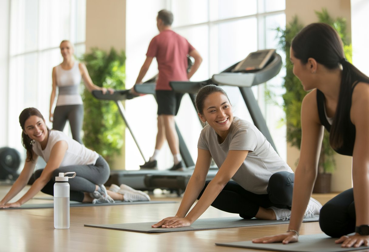 People in a bright gym doing light exercises with a trainer encouraging them.