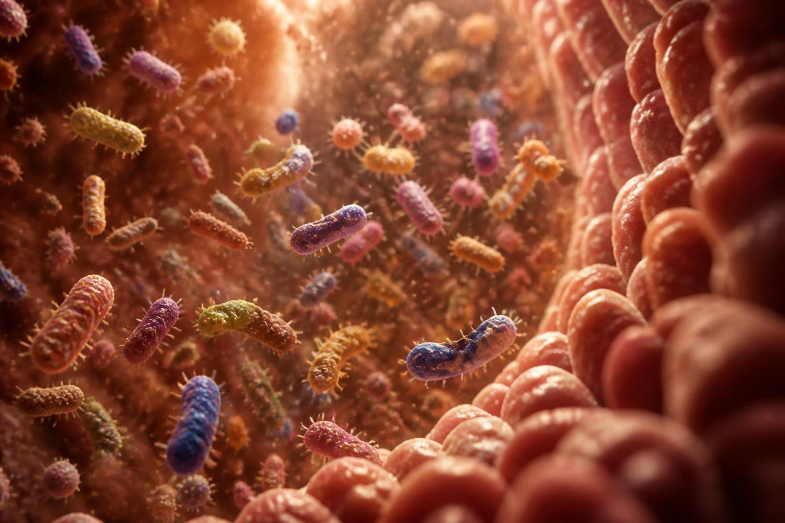 Close-up view of diverse microscopic gut bacteria floating in a fluid environment, representing the gut microbiome.