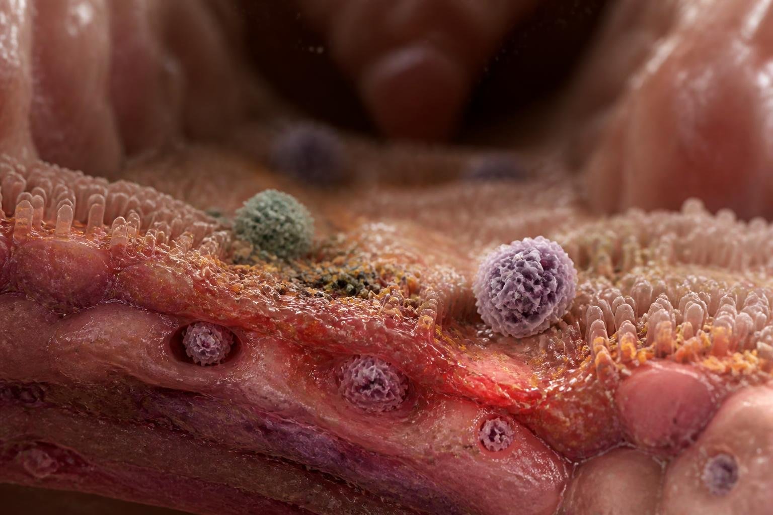 Close-up view of human gut lining showing early inflammation with immune cells and gut bacteria interacting.