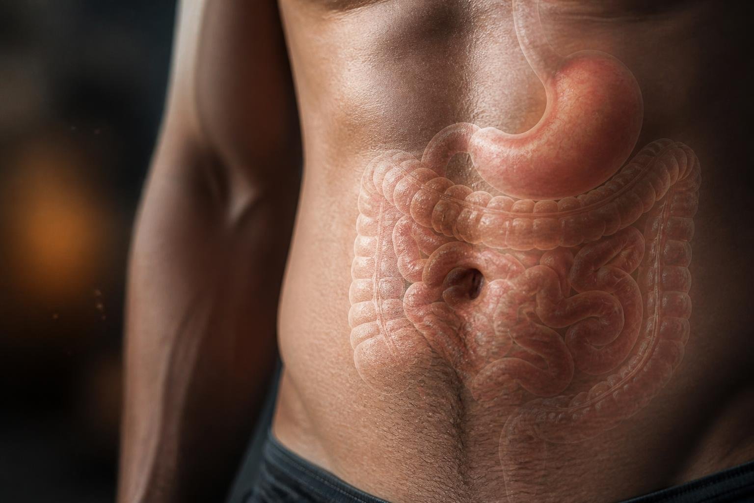 Close-up view of a human abdomen with faint anatomical outlines of the digestive system overlaid, showing the stomach and intestines.