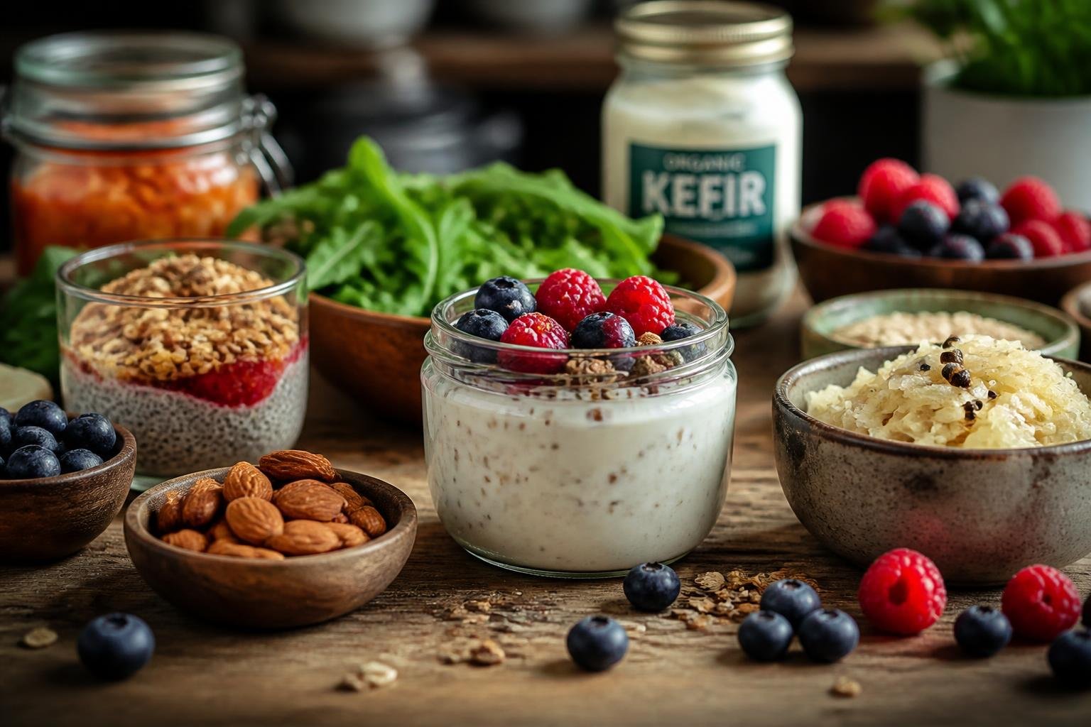 A close-up view of fresh gut-friendly foods including yogurt, berries, leafy greens, and whole grains arranged on a wooden table in a cozy kitchen setting.