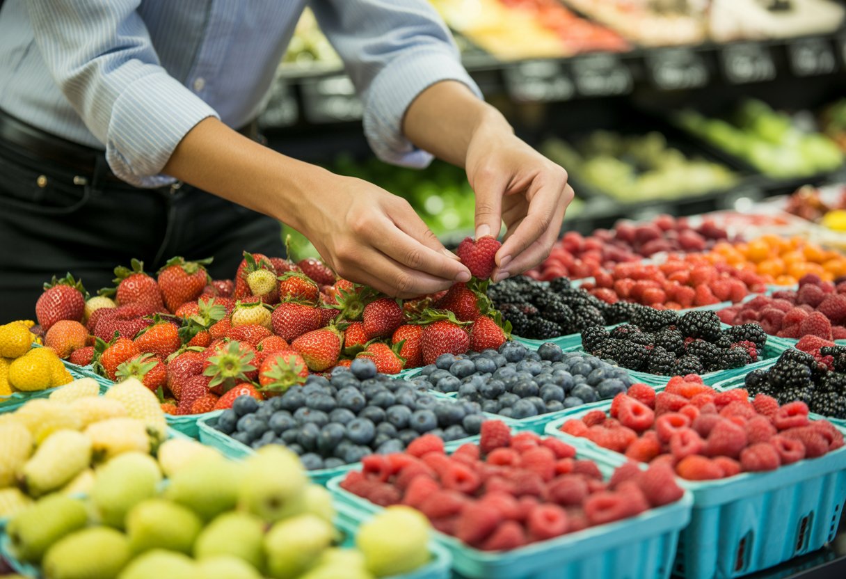 Hands selecting fresh colorful berries like strawberries, blueberries, raspberries, and blackberries at a grocery store.