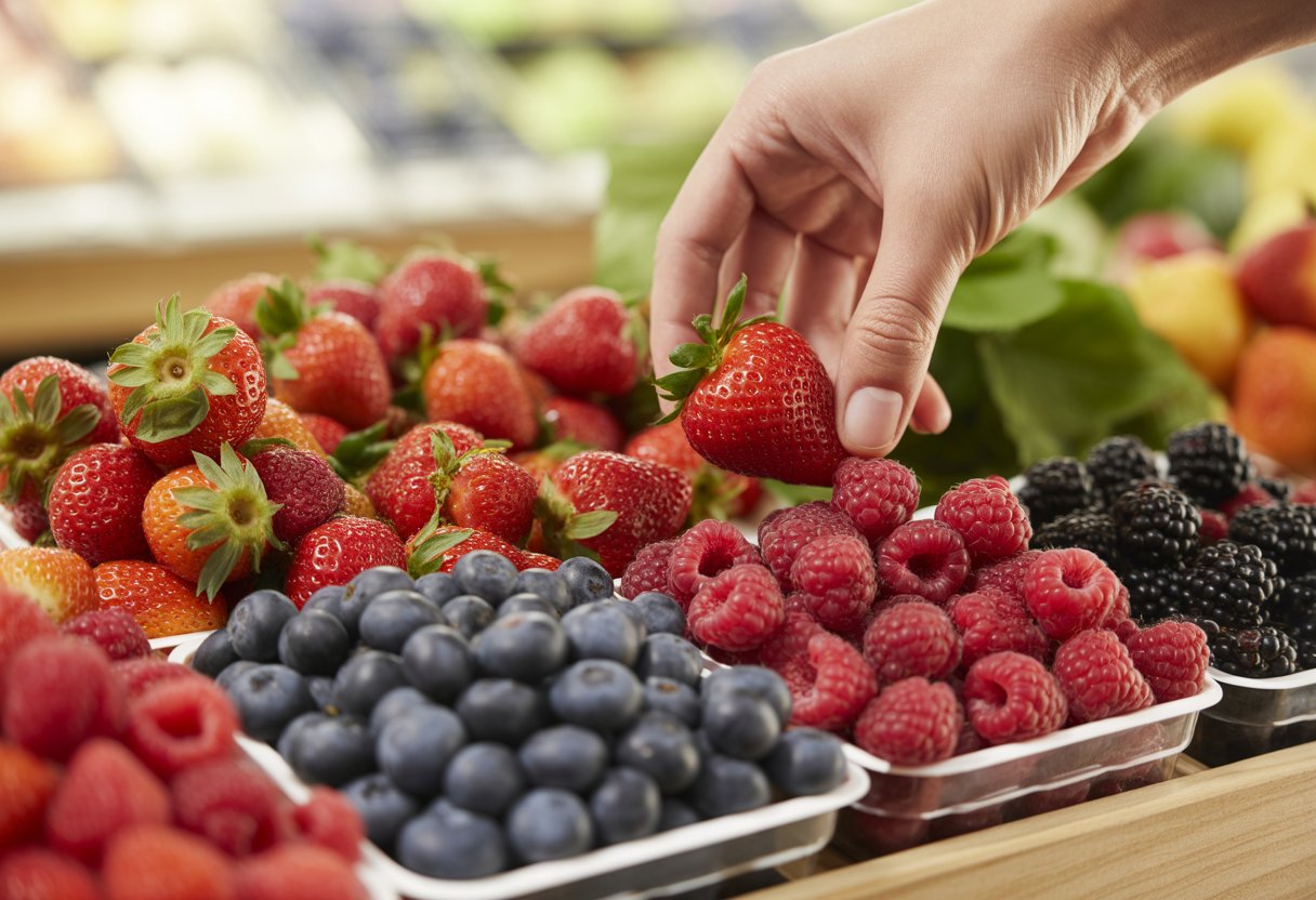 A person picking fresh strawberries, blueberries, raspberries, and blackberries from a wooden table in a grocery store setting.