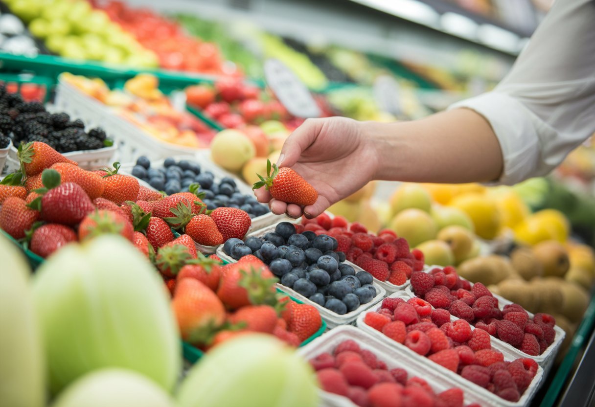 A person picking fresh strawberries, blueberries, and raspberries from baskets in a grocery store produce section.