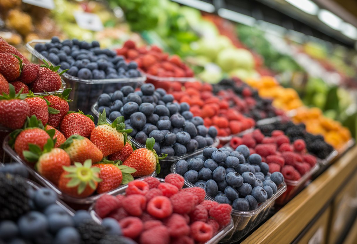 Close-up of fresh strawberries, blueberries, raspberries, and blackberries displayed in clear containers on wooden shelves in a grocery store.