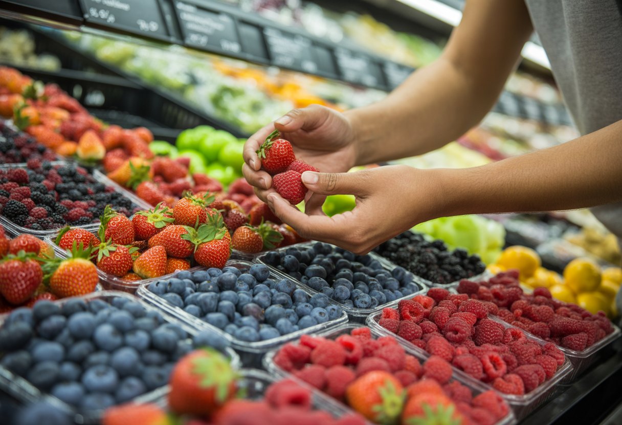 A person’s hands selecting fresh berries from a store display with some berries showing signs of spoilage.
