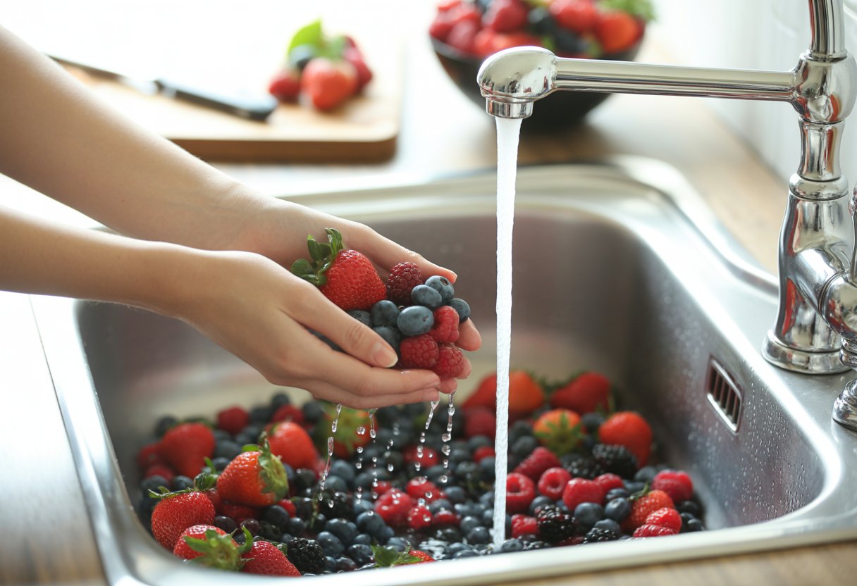 Hands rinsing fresh mixed berries under running water in a kitchen sink with a bowl of berries nearby.