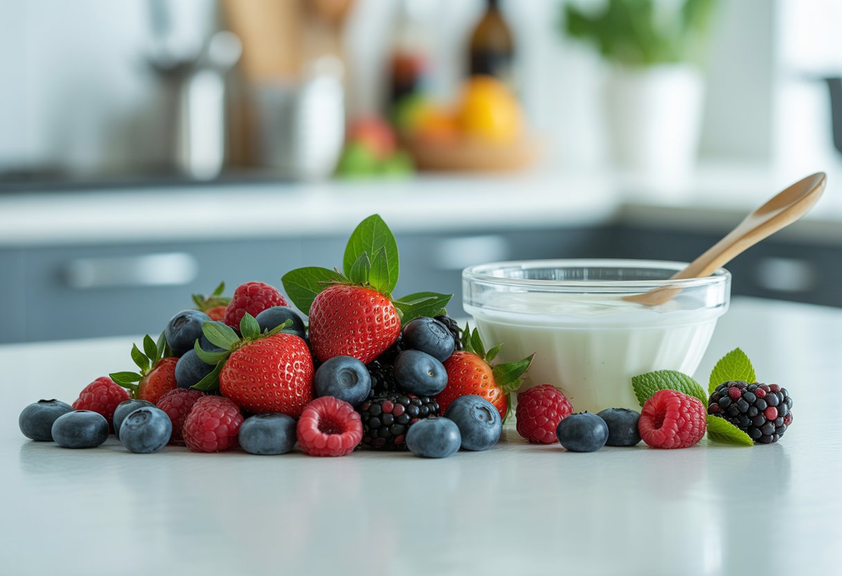 A variety of fresh berries with a bowl of yogurt and a wooden spoon on a white surface in a kitchen setting.