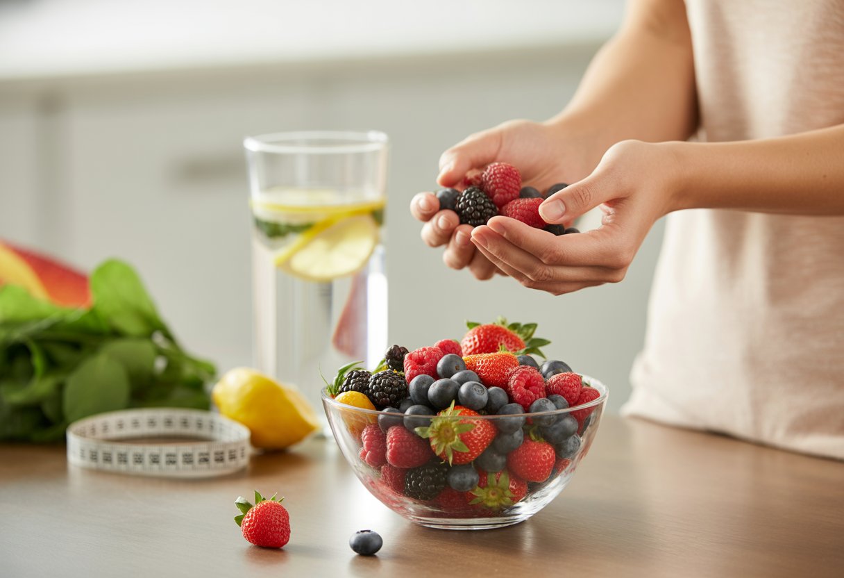 Hands picking fresh mixed berries from a glass bowl on a kitchen countertop with leafy greens and a glass of lemon water in the background.