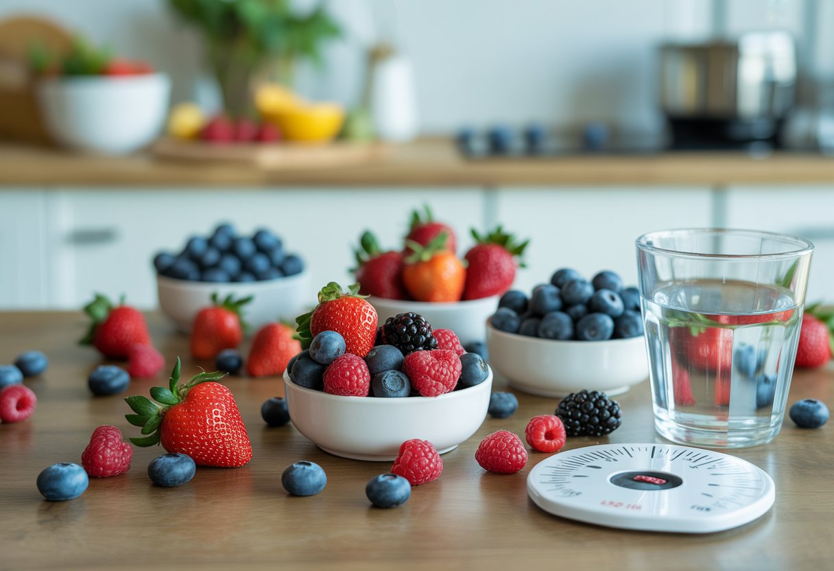 Close-up of fresh mixed berries in bowls and scattered on a wooden table with a glass of water and a small measuring scale in a kitchen setting.