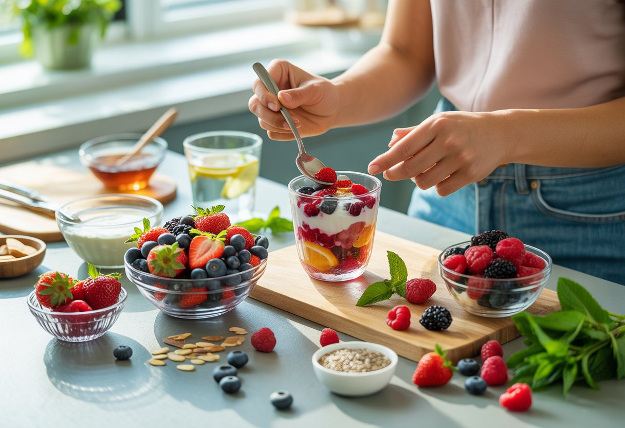 Hands preparing a colorful berry parfait with fresh strawberries, blueberries, raspberries, and yogurt on a kitchen countertop with natural light.