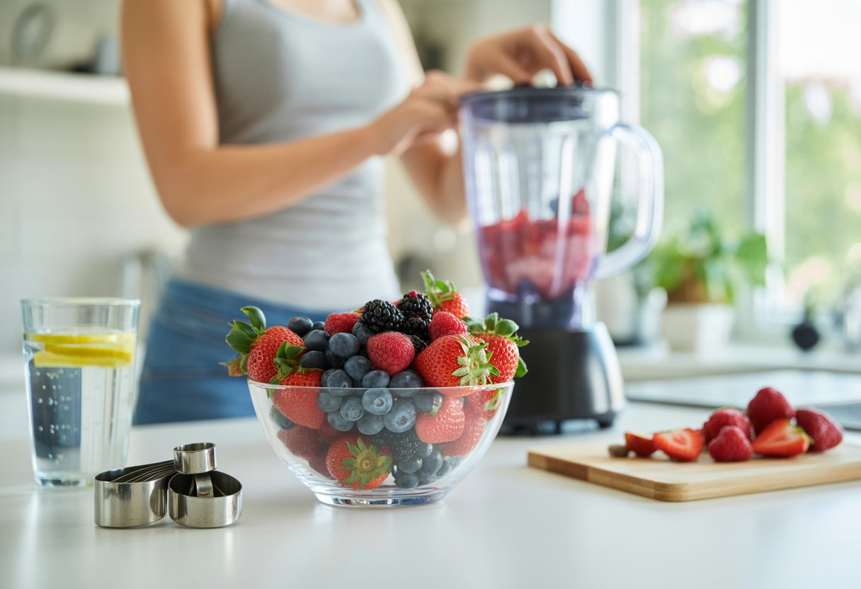 A bowl of assorted fresh berries on a kitchen counter with a person preparing a berry smoothie in the background.