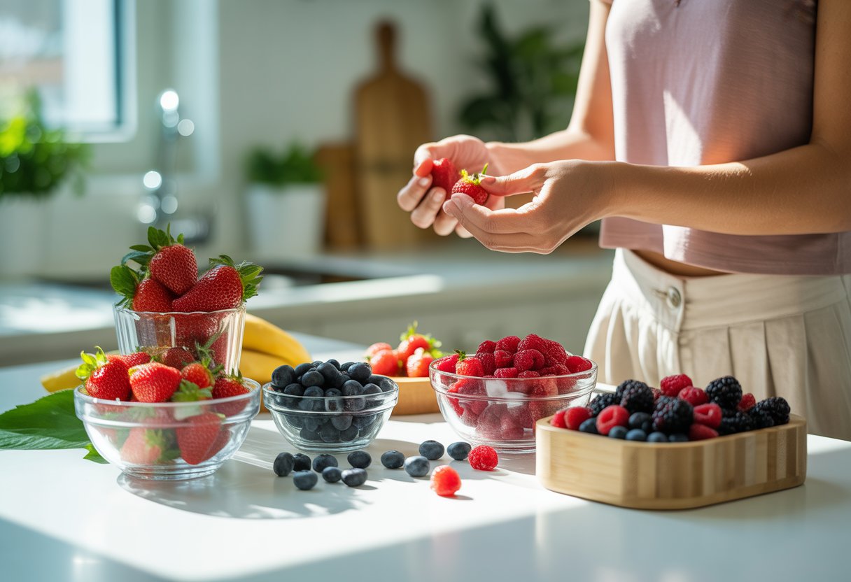 Hands selecting fresh berries arranged in bowls on a kitchen countertop with natural light illuminating the scene.