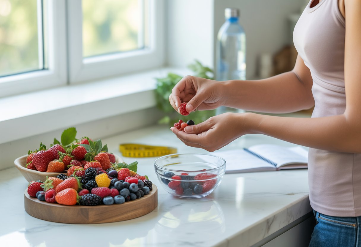A person picking fresh berries from a bowl in a bright kitchen with various berries on the counter and health-related items nearby.