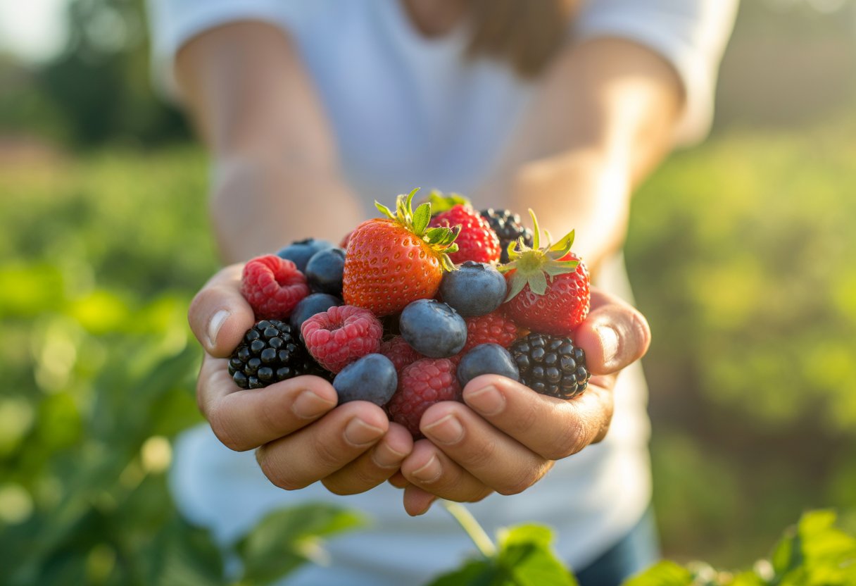 Close-up of hands holding a handful of fresh mixed berries outdoors with green foliage in the background.
