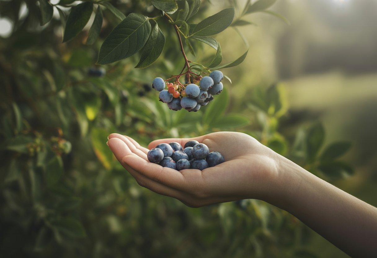 A close-up of a hand holding a cluster of ripe berries with green leaves in the background.