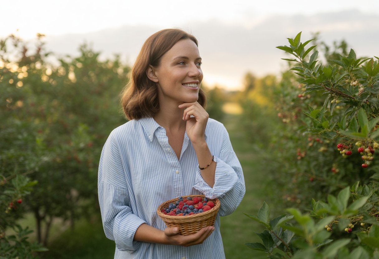 A smiling woman holding a basket of ripe berries in a sunlit berry orchard, looking thoughtfully into the distance.