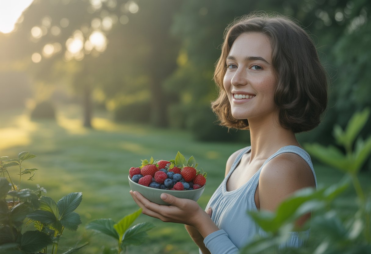 A young woman standing in a sunlit garden holding a bowl of fresh berries, smiling peacefully.