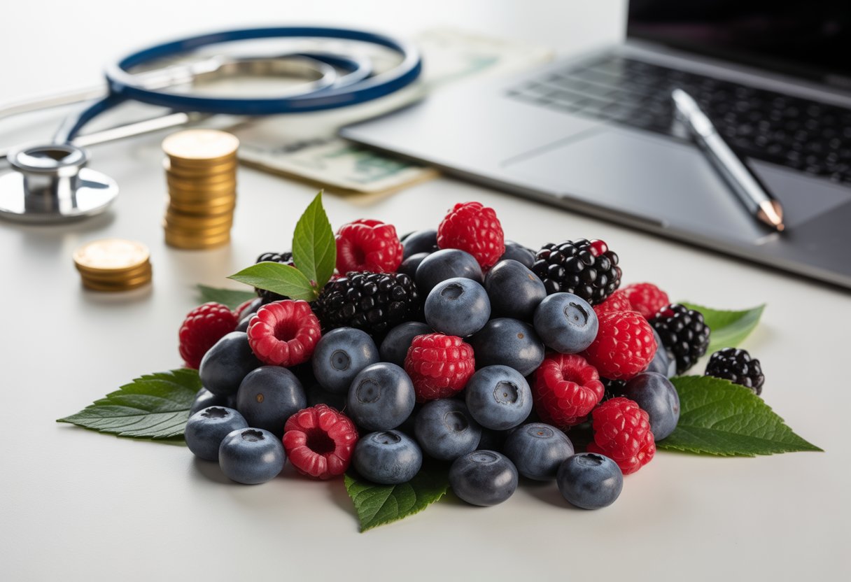 A close-up of fresh berries surrounded by a stethoscope, gold coins, and a laptop on a white surface.