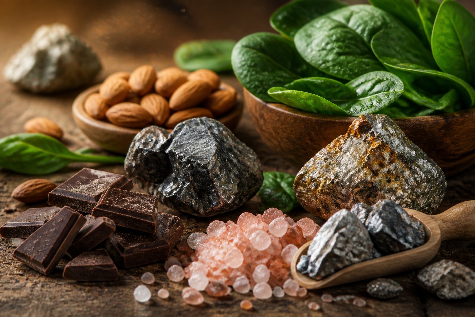 Close-up of various natural minerals and energy-boosting foods including spinach leaves, almonds, dark chocolate, Himalayan salt crystals, and raw mineral stones arranged on a wooden surface.