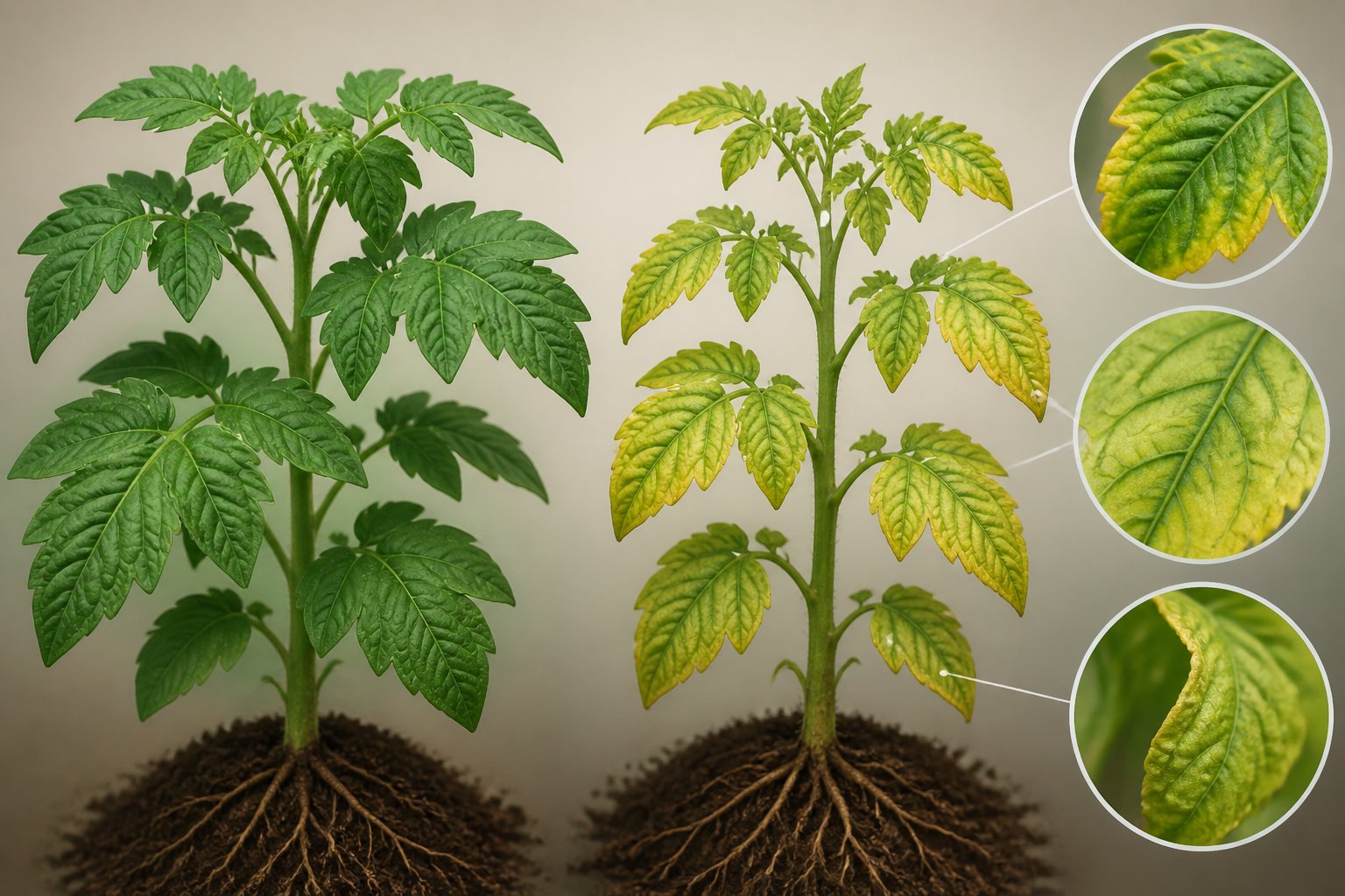 A side-by-side illustration of a healthy plant and a plant showing early signs of mineral deficiency, including yellowing and curling leaves.