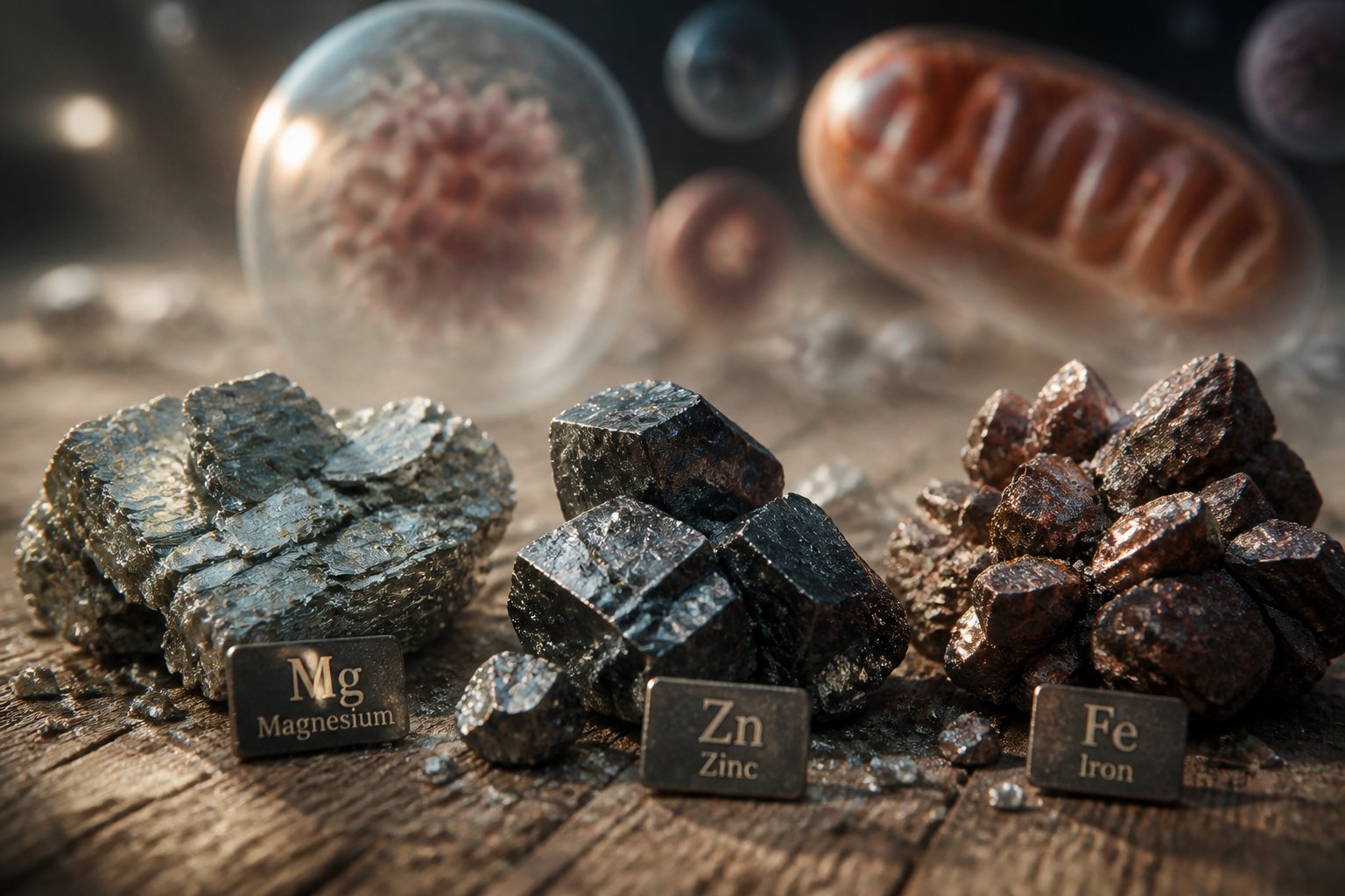 Close-up of various essential mineral crystals on a wooden surface with blurred representations of human cells in the background.