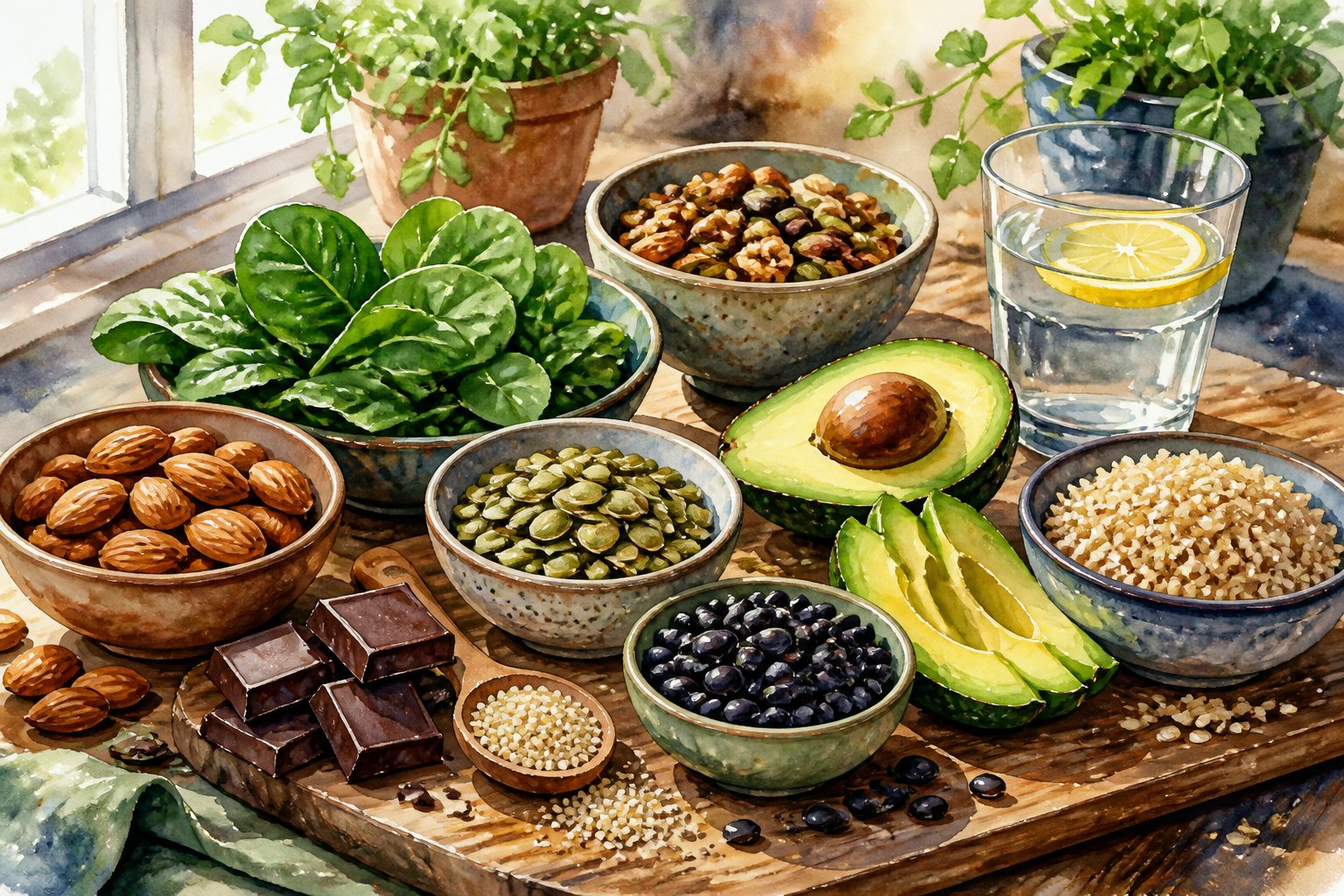 A variety of magnesium-rich foods like almonds, spinach, pumpkin seeds, black beans, avocado, dark chocolate, and whole grains arranged on a wooden table with a glass of water and kitchen herbs in the background.