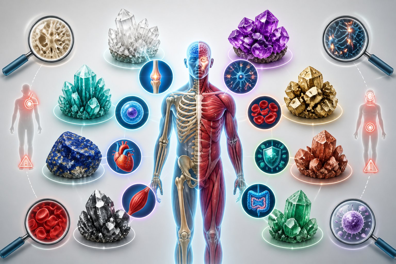 An illustration showing various essential minerals connected to different parts of the human body, highlighting their functions and the concept of early detection of mineral deficiencies.