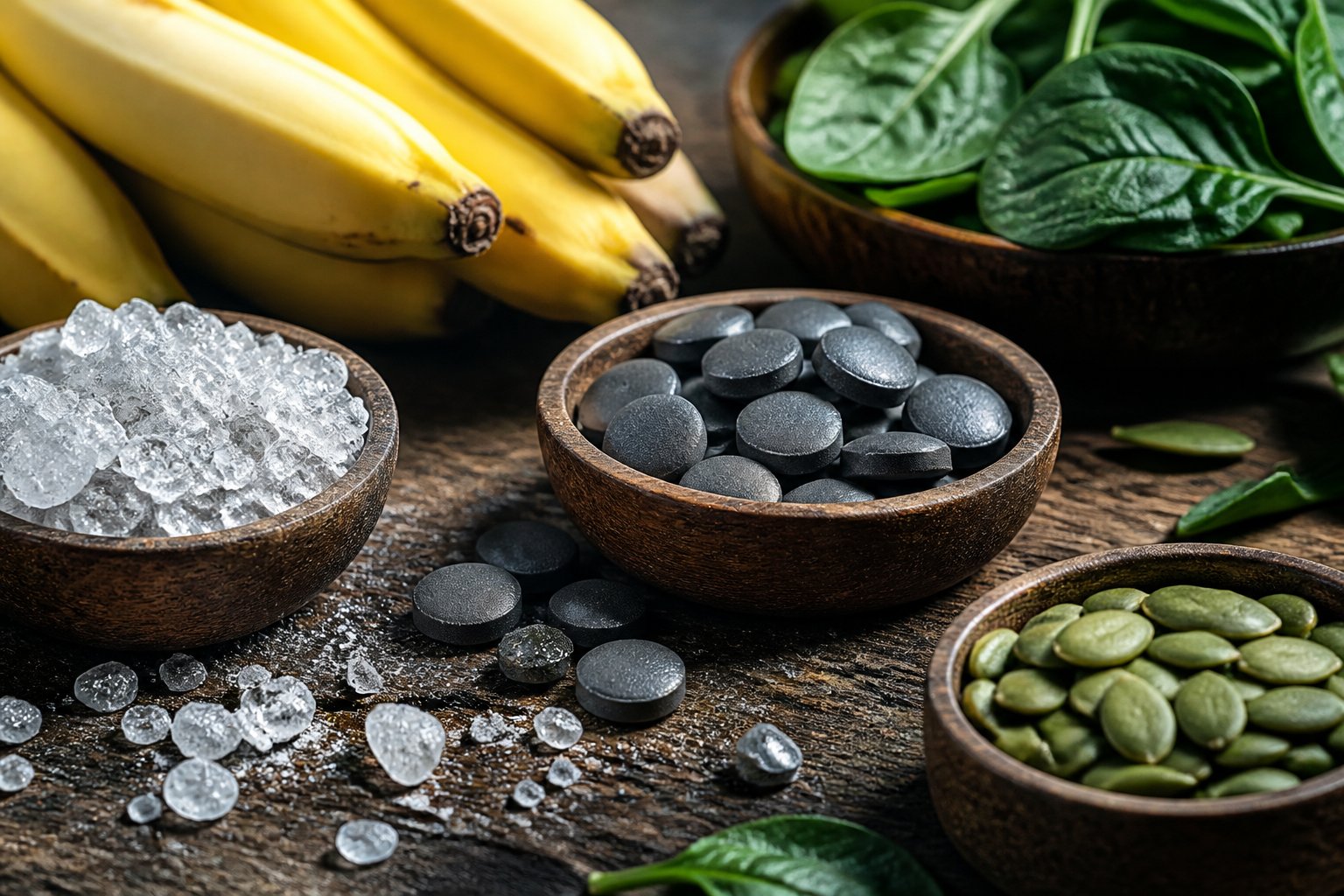 Close-up of various natural minerals and energy-boosting foods arranged on a wooden table.