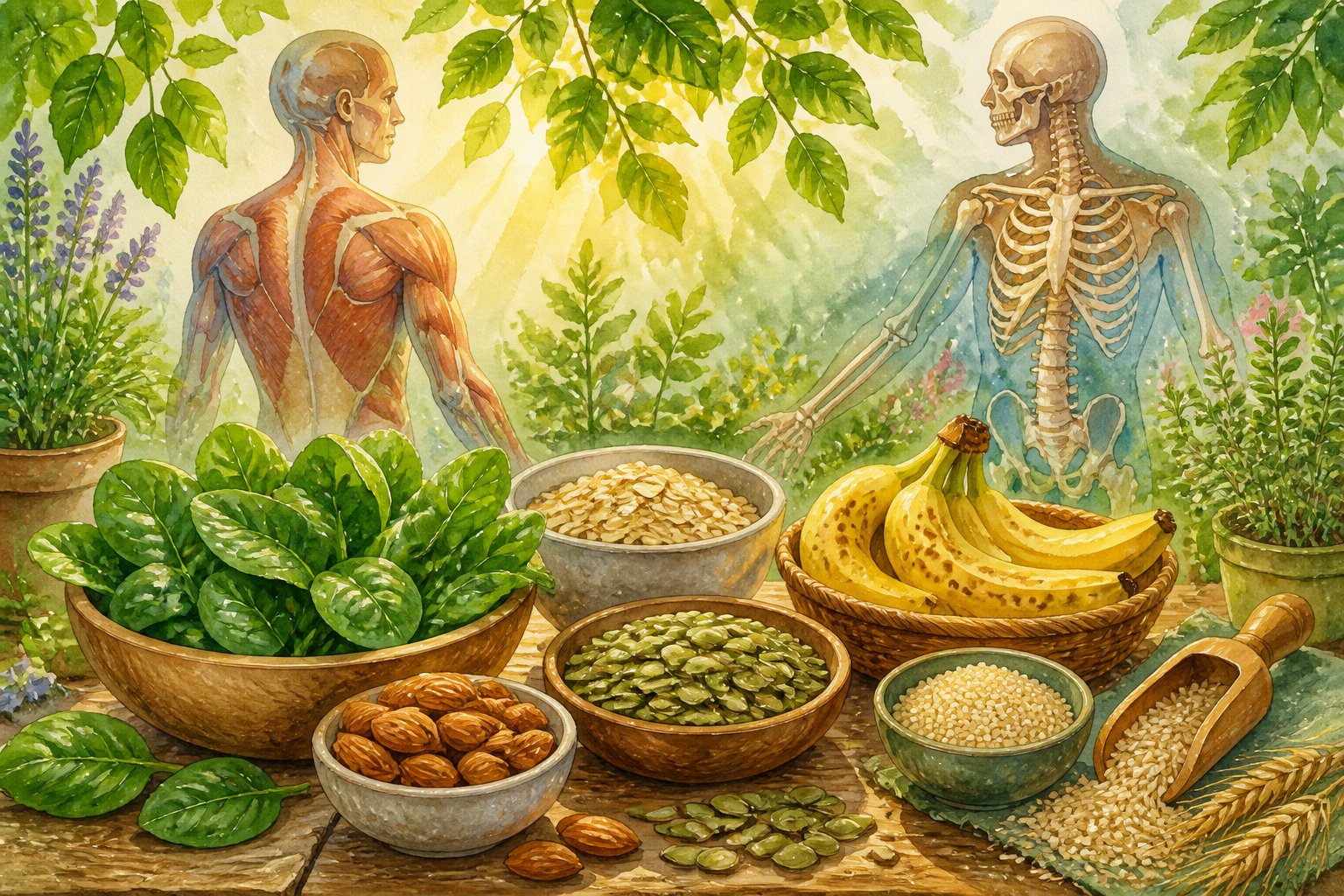 A table with magnesium-rich foods like spinach, almonds, pumpkin seeds, whole grains, and bananas, with a subtle outline of a human body in the background surrounded by plants.