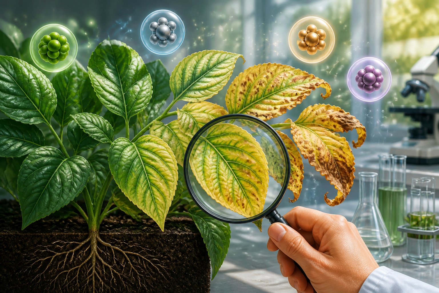 Close-up of plants showing early signs of mineral deficiency with a hand holding a magnifying glass inspecting the leaves.
