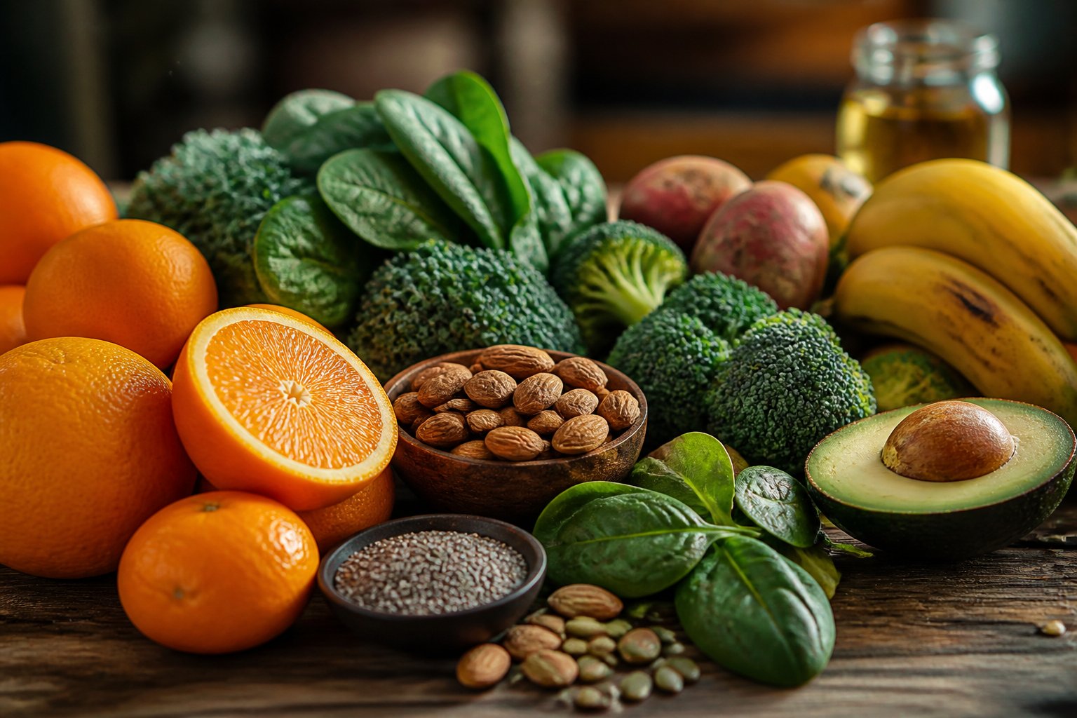 Close-up of fresh fruits, vegetables, nuts, and seeds arranged on a wooden table.