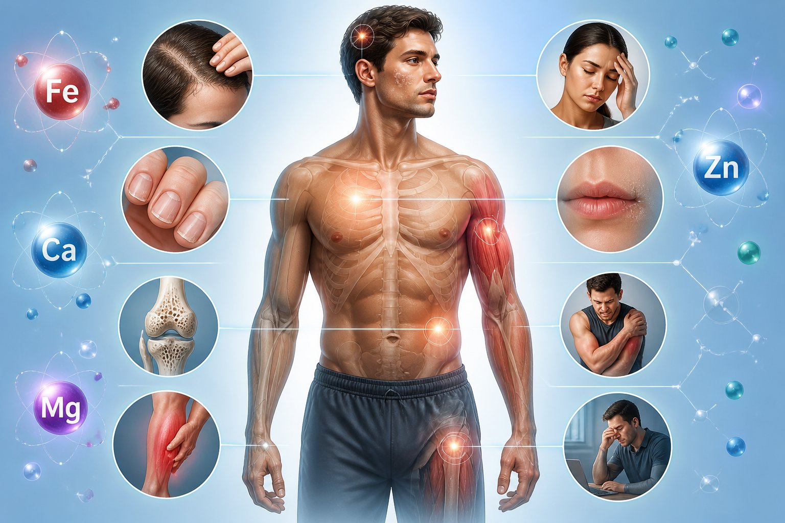 Illustration of a human figure showing highlighted areas with symptoms linked to mineral deficiencies, surrounded by symbols representing different minerals.