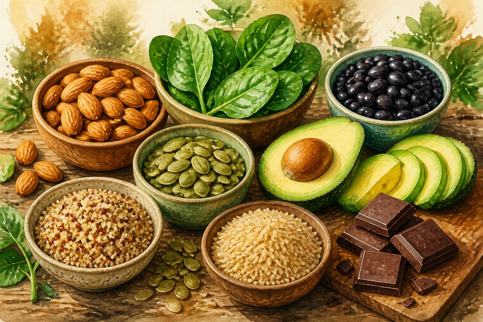 A colorful arrangement of various magnesium-rich foods including almonds, spinach, pumpkin seeds, black beans, avocado, dark chocolate, and whole grains on a wooden table.