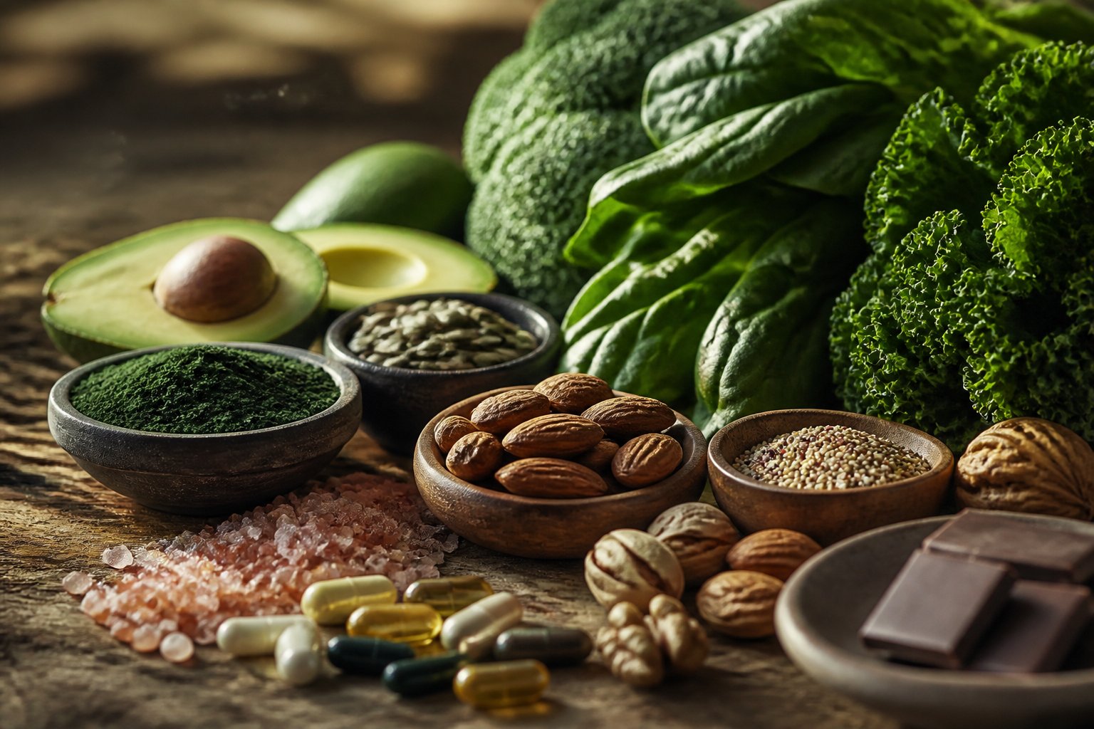 Close-up of various mineral-rich foods and supplements arranged on a wooden table with natural light highlighting their textures.