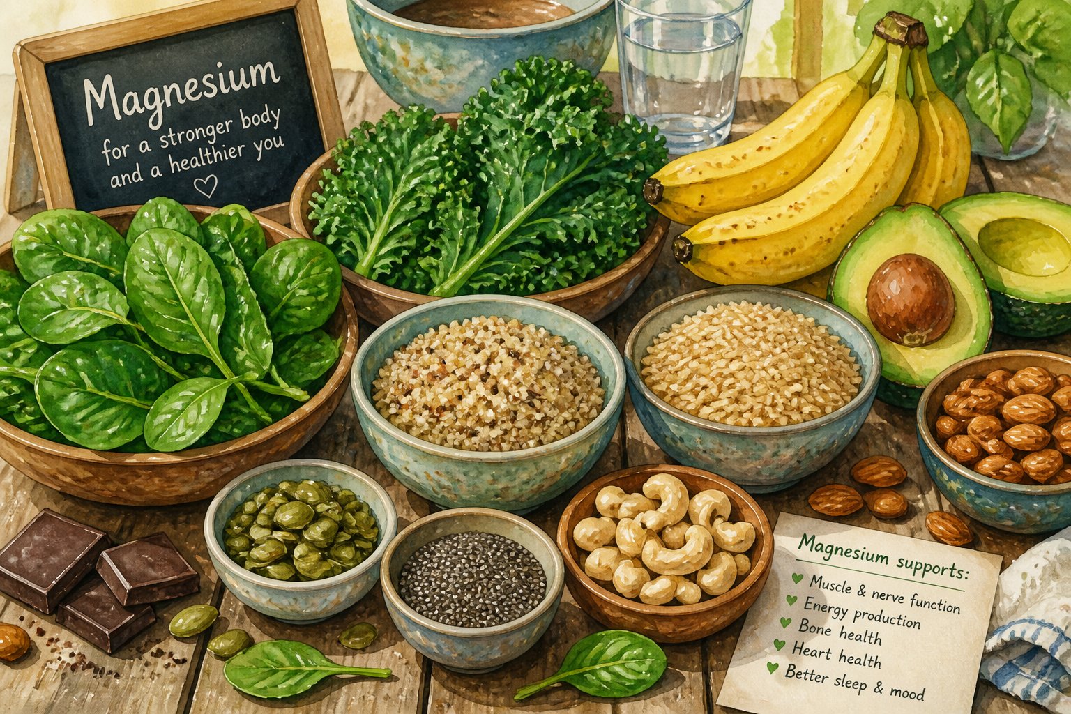 A colorful arrangement of magnesium-rich foods including leafy greens, nuts, seeds, whole grains, and fruits on a wooden table with kitchen elements in the background.