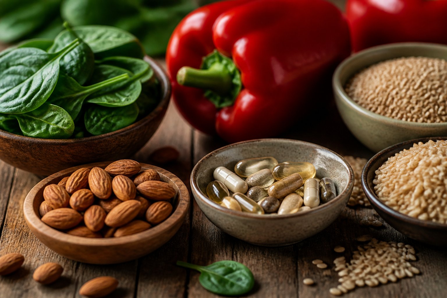 Close-up of fresh vegetables, nuts, grains, and mineral supplements arranged on a wooden table.