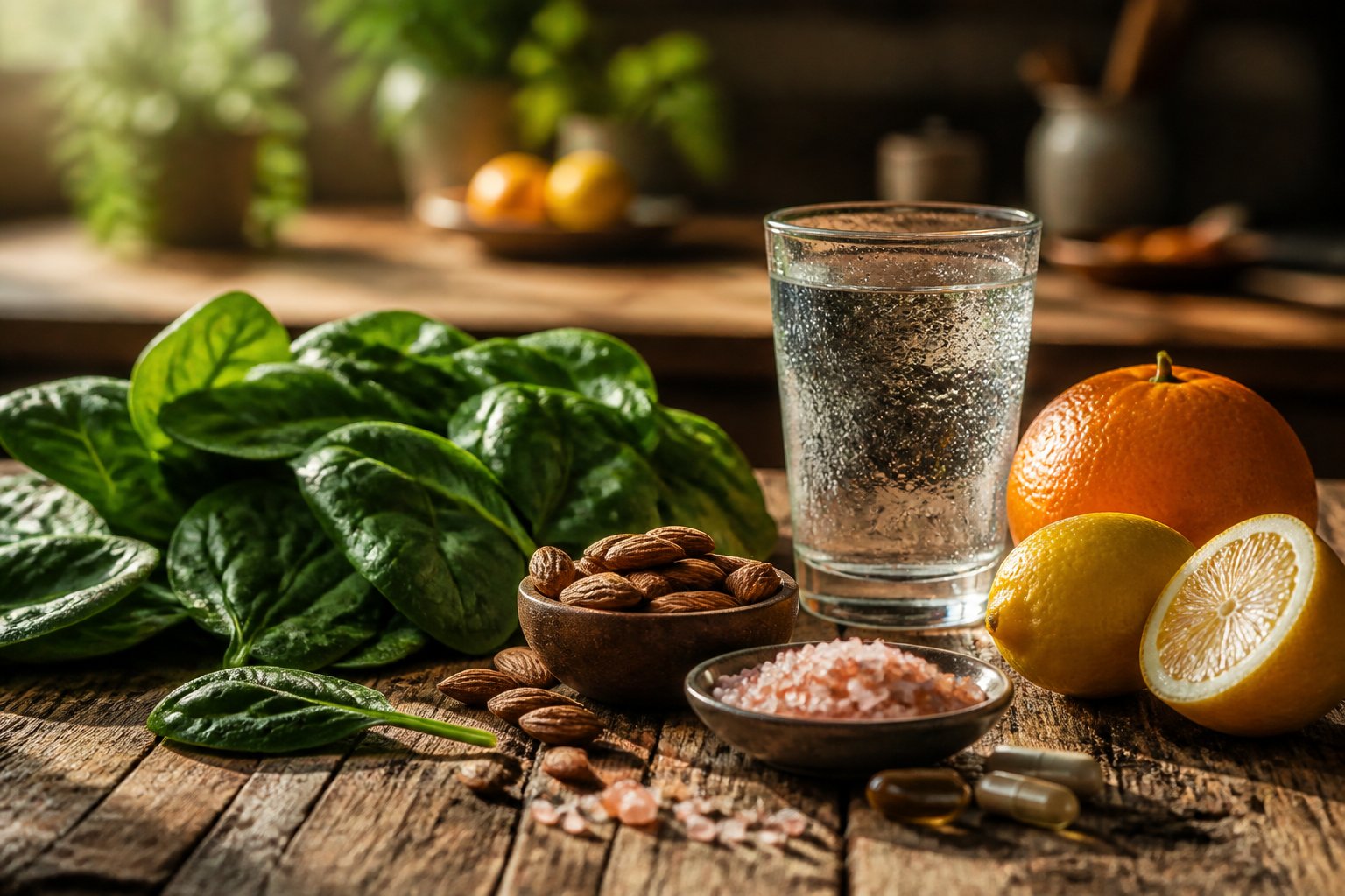 Close-up of a wooden table with fresh spinach, almonds, citrus fruits, pink salt crystals, and a glass of water in a softly lit kitchen.