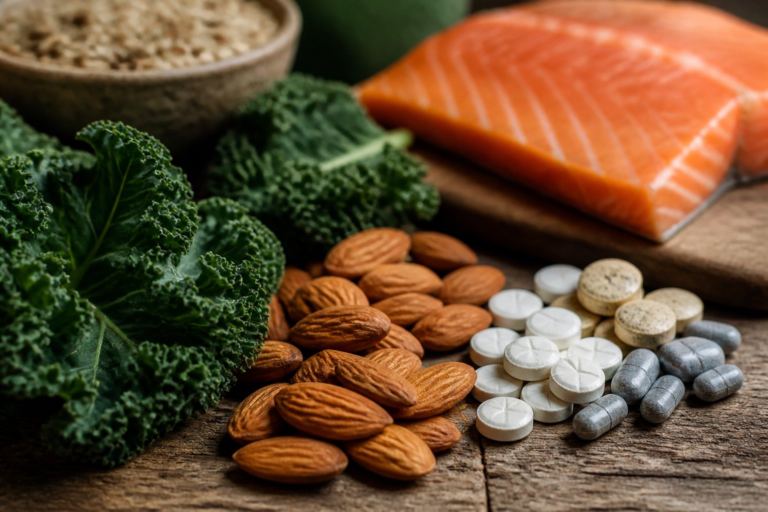 Close-up image of various calcium-rich foods and mineral supplements arranged on a wooden surface, including almonds, kale leaves, salmon slices, and tablets.
