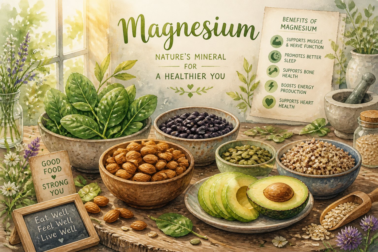 A table displaying various magnesium-rich foods such as almonds, spinach, pumpkin seeds, black beans, avocado, and whole grains with soft natural lighting and green leaves around them.