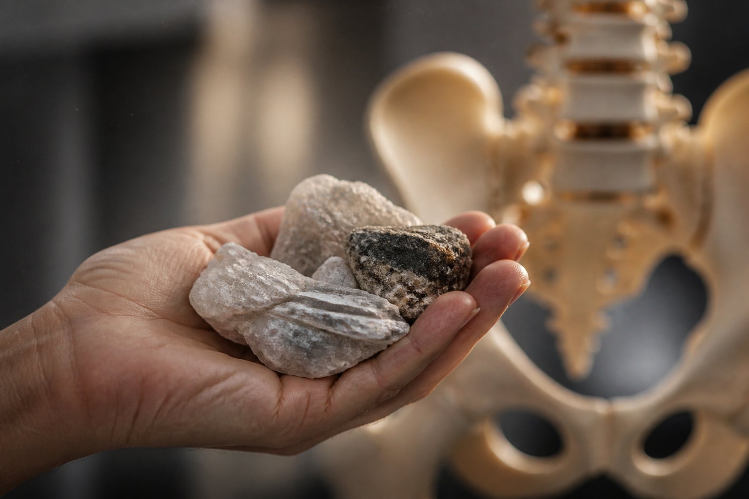 A close-up of a hand holding mineral crystals with a blurred human bone model in the background.