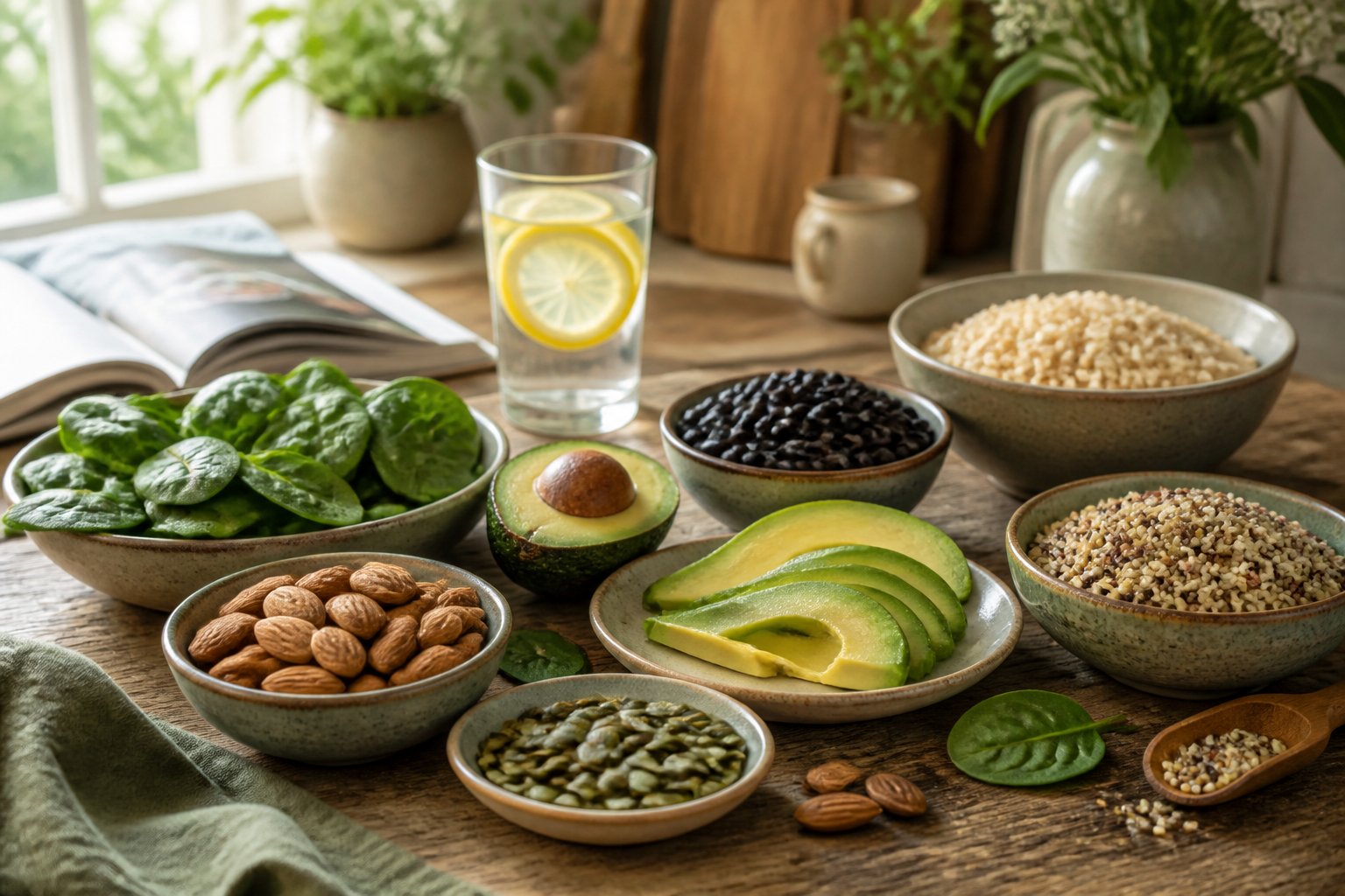 A kitchen table with an assortment of magnesium-rich foods including almonds, spinach, pumpkin seeds, avocado, black beans, and grains, softly lit by natural light.