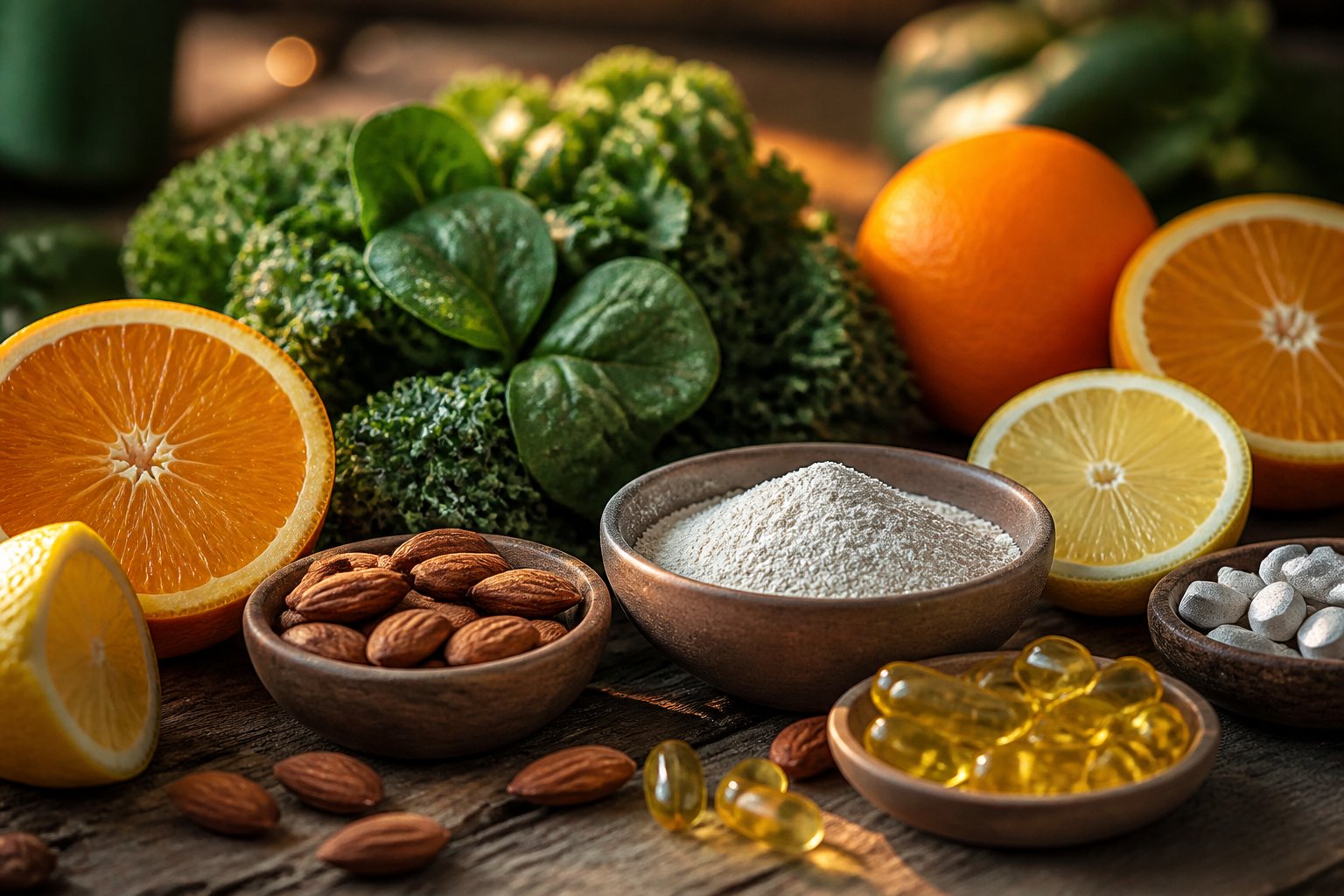 Close-up of fresh leafy greens, citrus fruits, almonds, and mineral supplements arranged on a wooden table.