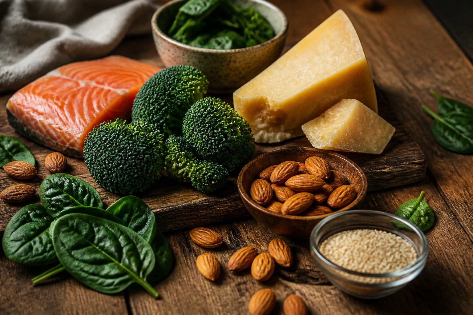 Close-up of a wooden table with various foods rich in minerals for bone health, including almonds, spinach, broccoli, cheese, sesame seeds, and salmon.