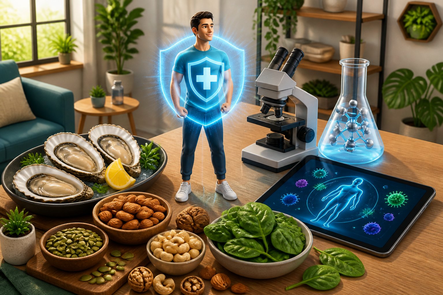A person surrounded by natural zinc sources like oysters and seeds, with a glowing shield representing strong immunity, set in a bright home environment with health-related items nearby.