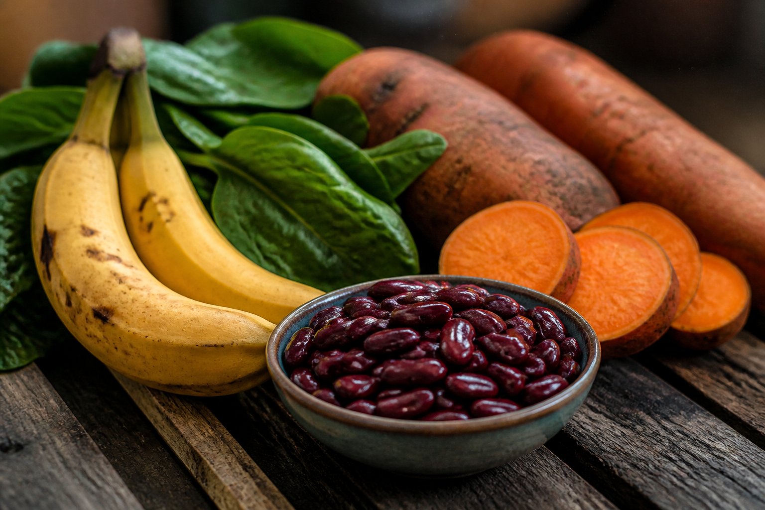 Close-up of fresh potassium-rich foods including bananas, sweet potatoes, spinach, and kidney beans arranged on a wooden table.