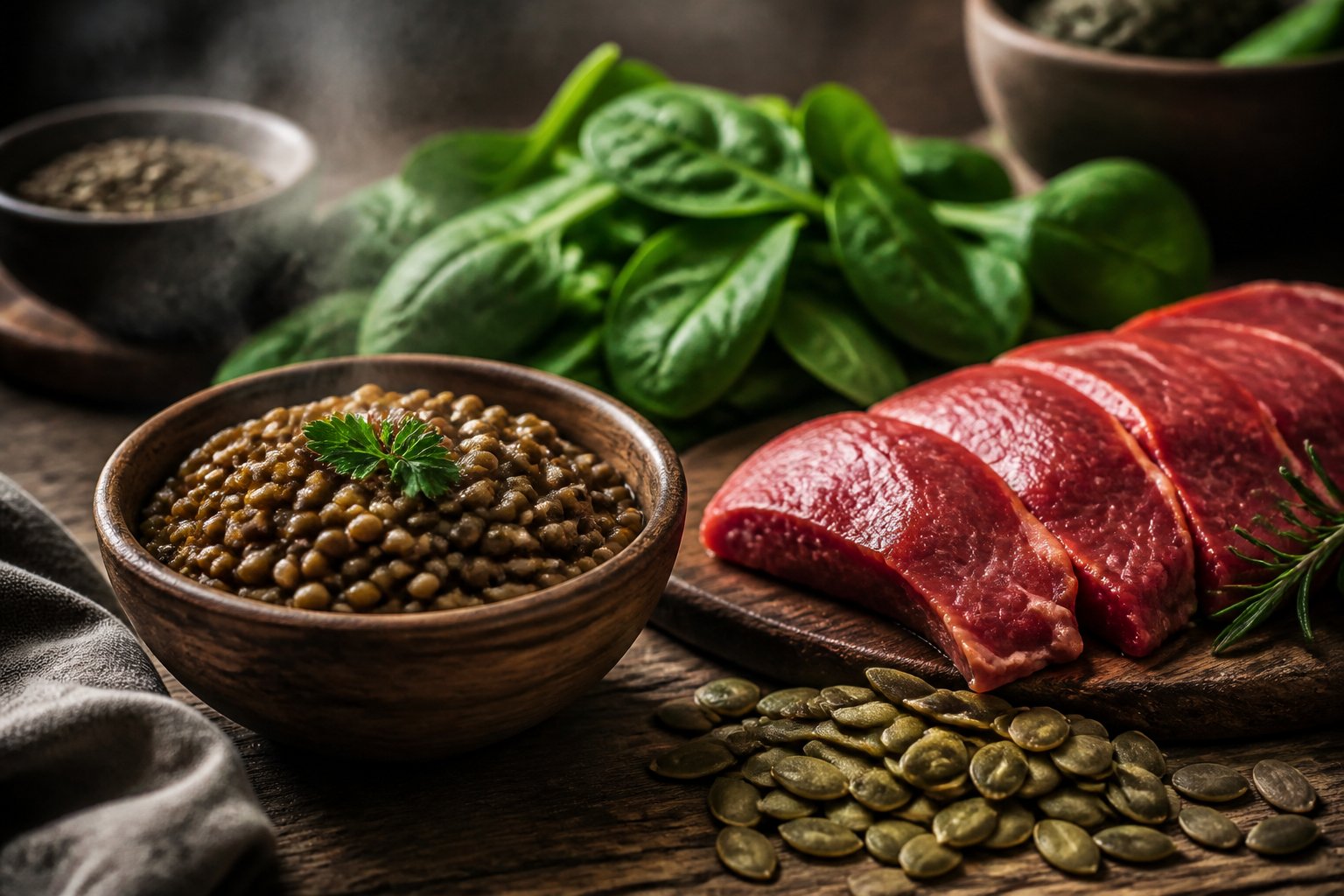 Close-up of a wooden table with fresh spinach, cooked lentils, slices of red meat, and pumpkin seeds arranged naturally.
