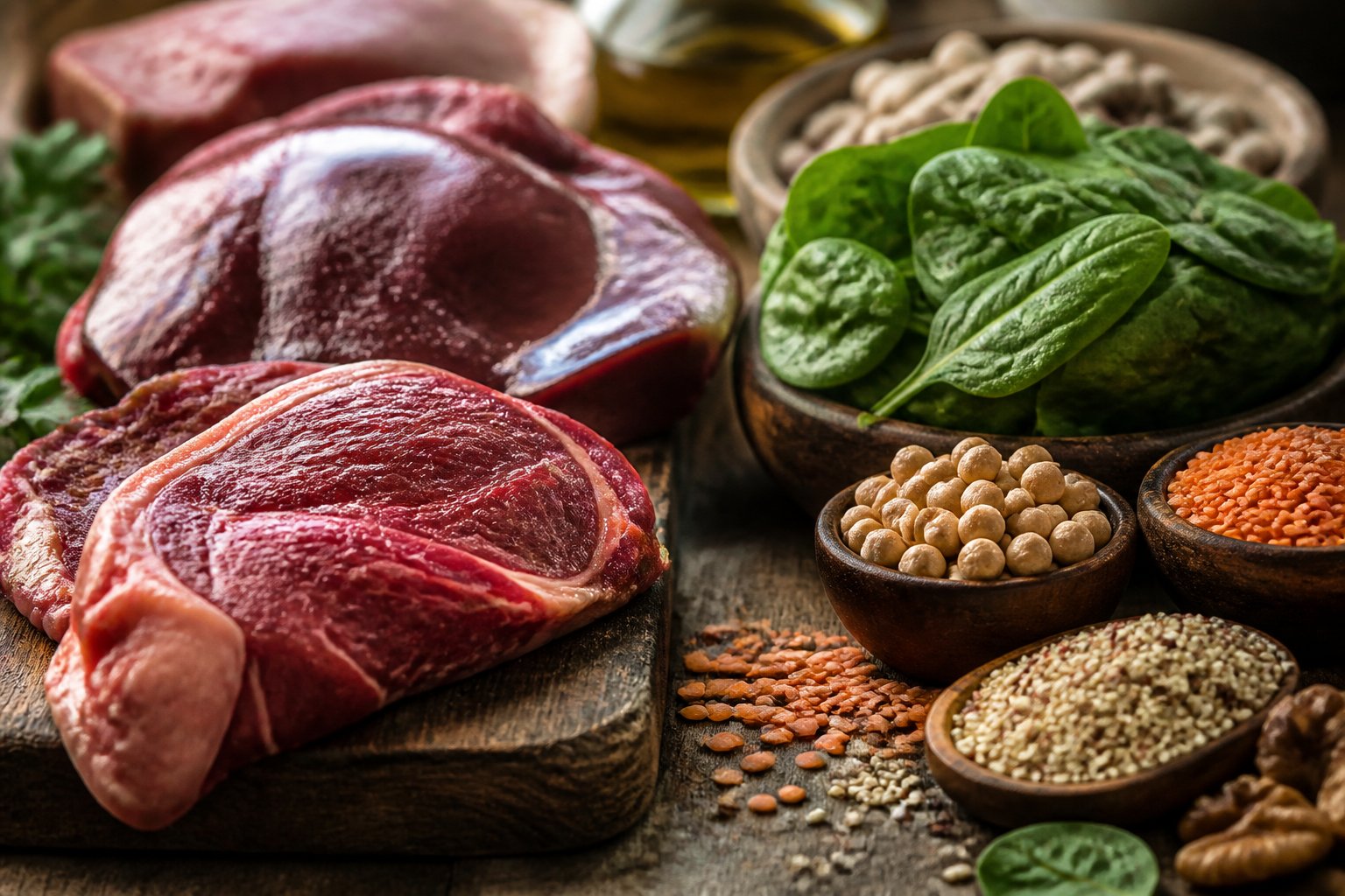 Close-up of a wooden table with fresh red meat on one side and various plant-based iron-rich foods like spinach, lentils, and chickpeas on the other.