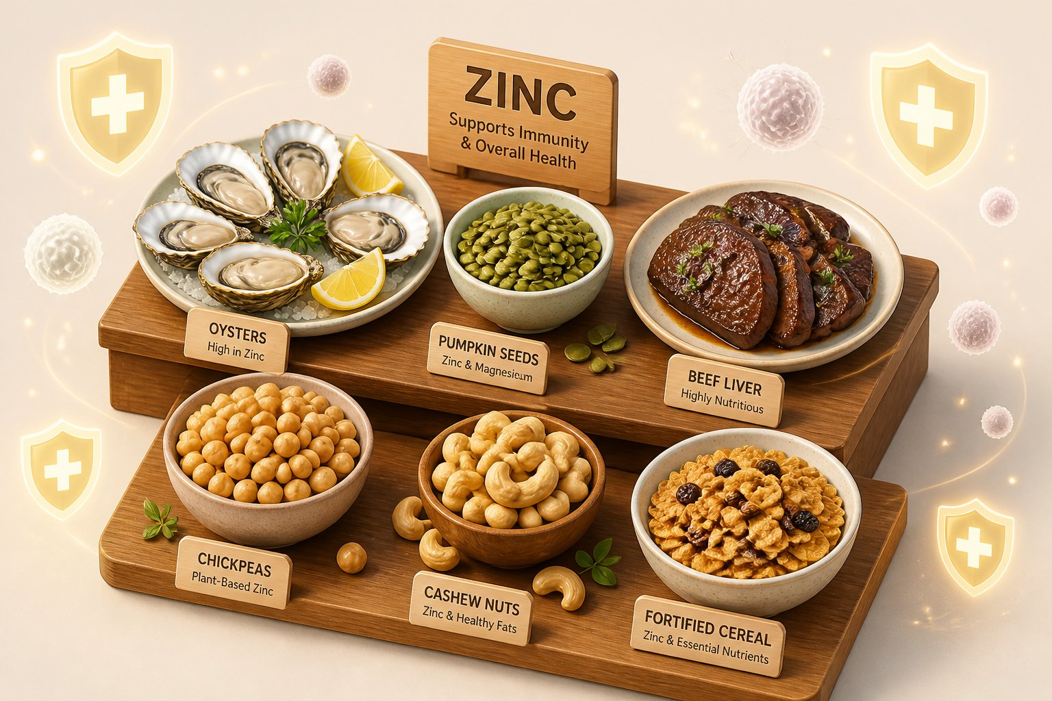 An isometric view of various zinc-rich foods like oysters, pumpkin seeds, beef liver, chickpeas, cashews, and cereal arranged on a wooden table, with subtle immunity symbols floating nearby.