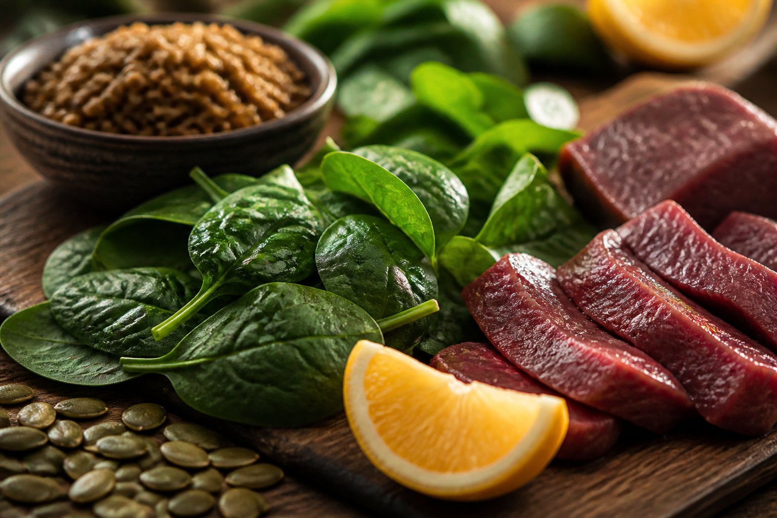 Close-up of a wooden table with fresh spinach, red meat slices, cooked lentils, pumpkin seeds, and a wedge of citrus fruit arranged together.